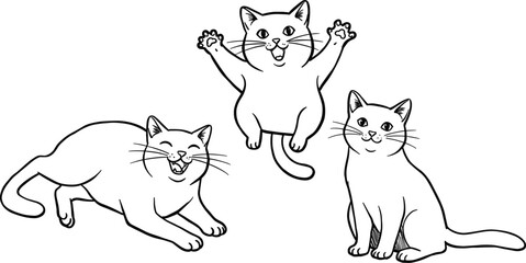 Cute playful cartoon cats illustration, funny kitten drawing black and white, happy smiling pets clip art, vector line art for coloring book, animal design
