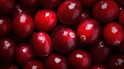 An appealing close-up of shiny red cranberries arranged closely together, showcasing their vibrant color and highlighting the freshness and natural beauty of this beloved fruit.