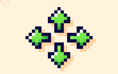 Fototapeta premium Four green arrows pointers. Game element drawn in pixel art style.