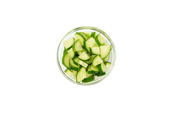 Cucumber isolated on white background. Slice of cucumber on white background. Fresh organic green cucumbers. Vegan. Ingredient for salad. Farm vegetables.