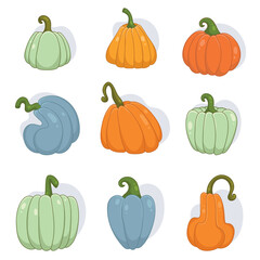 Pastel Pumpkin Set in Cartoon Hand Drawn Style. Decorative harvest vegetables isolated on cream background, perfect for farm, autumn, Thanksgiving designs invitations, cards, posters, patterns