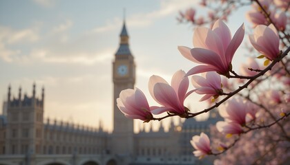 Magnificent pink magnolia flowers blooming in springtime with iconic Big Ben clock tower in the background during a serene sunset view