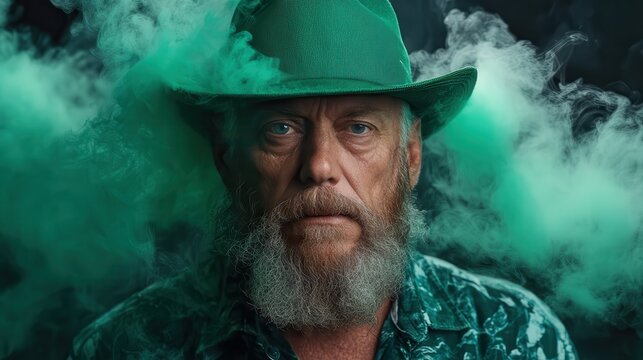 A captivating portrait of an older man in a green hat, surrounded by swirling smoke, embodying mystery and intrigue while inviting viewers to ponder the story behind the image.