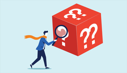 Problem solving, inquiry concept, and critical thinking: Man with magnifying glass exploring a question mark box for answers and solutions.