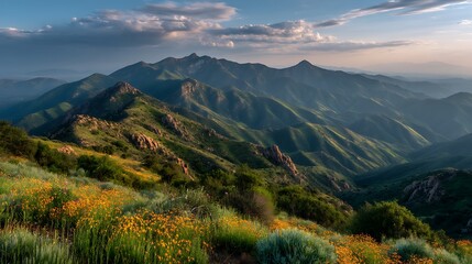 Fototapeta premium Scenic mountain range view with wildflowers in foreground under a cloudy sky at daytime beauty