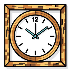 Cartoon Wooden Framed Clock with Blue Hands Showing Time, Vector Illustration Design