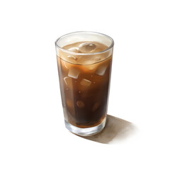 Glass of iced coffee with condensation effect in watercolor on transparent background