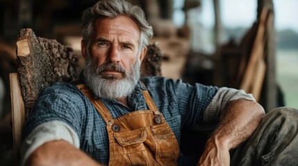 A rugged older man with a gray beard sitting relaxed in a rustic setting, showcasing craftsmanship and wisdom, evoking a sense of authenticity and connection to nature.