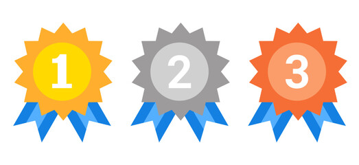 Gold, Silver, and Bronze Medal Set with Blue Ribbons and Ranking Numbers. Vector Icons for Games, Competitions, and Achievements