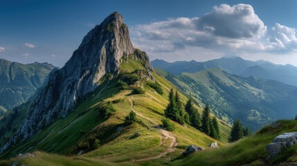 Obraz premium Majestic mountain range features rocky peaks surrounded by vibrant green hills and scattered trees under a bright blue sky with fluffy clouds during late afternoon sunlight