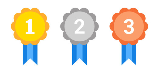 1st 2nd 3rd Place Medals with Blue Ribbons. Vector Illustration for Sports Awards, Quizzes, and Education Apps