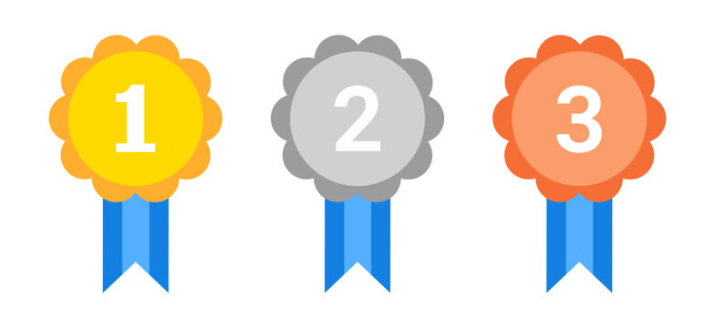 1st 2nd 3rd Place Medals with Blue Ribbons. Vector Illustration for Sports Awards, Quizzes, and Education Apps