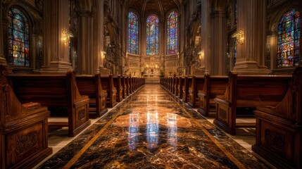 Fototapeta premium Stunning architecture showcases colorful stained glass windows illuminating polished marble flooring in this historic church interior, inviting reflection and serenity within the sacred space