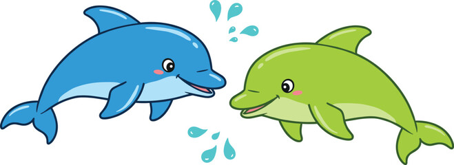Cute cartoon dolphins illustration, blue and green dolphin characters, playful sea animals, ocean marine life vector, smiling aquatic art, kids educational artwork, swimming underwater