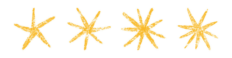 Crayon star drawing. Yellow doodle chalk star symbol. Hand drawn childish pastel design element. Crayon texture shine. Pencil sketch twinkle icon. Vector illustration on white background.