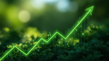 A glowing green arrow on a blurred green background depicts an upward trend, symbolizing growth and success in business or investments, with numbers and data points enhancing the visual