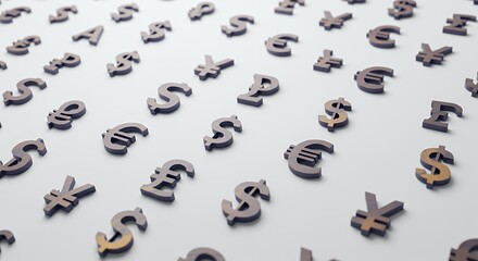 Global Currency Symbols Scattered Across a Clean White Surface, Representing International Finance and Economic Interdependence.