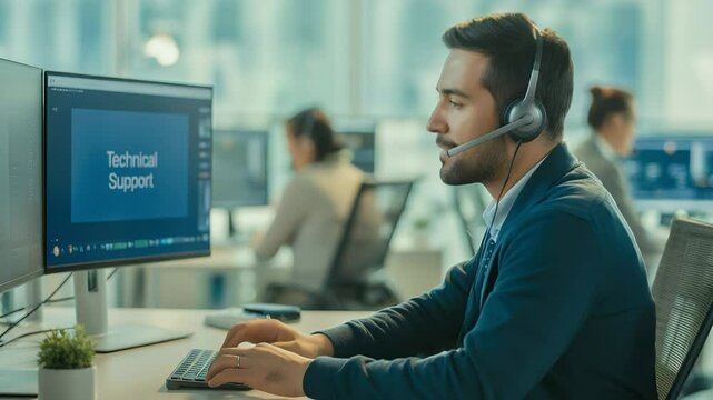 Digital Support Specialist: A focused man wearing headset offering digital technical support. He's actively providing technical assistance with his computer, his dedication shines through.