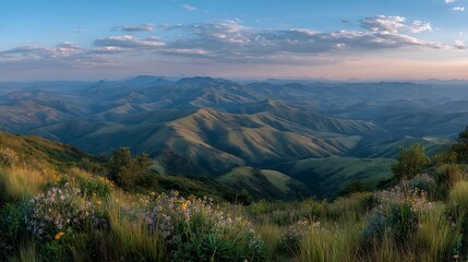 Obraz premium Scenic mountain range view with wildflowers in foreground under a cloudy sky at daytime beauty