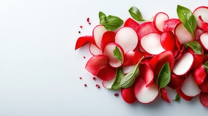 A vibrant composition of fresh radish slices and green spinach leaves arranged beautifully on a white surface, showcasing a healthy lifestyle and the beauty of nature's bounty.
