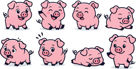 vector illustration of pink pig funny cute simple cartoon mascot character cartoon with 8 poses 02