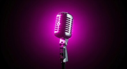 A vintage microphone stands illuminated against a vibrant purple backdrop in a studio setting view