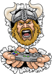 An angry Viking gamer cartoon character holding controller sports team mascot illustration.
