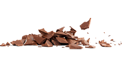 A pile of chocolate pieces scattered on a white background