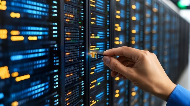 Data center server room maintenance it engineer connecting network cable for cloud computing system