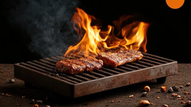 This vibrant image captures sizzling steaks cooking on a barbecue grill, showcasing the vibrant flames and inviting texture of perfectly grilled meat.