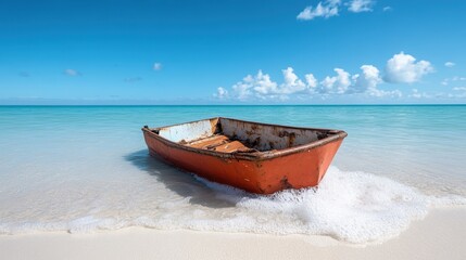 A weathered boat sits on a tranquil beach, surrounded by crystal-clear ocean waters under a bright blue sky, evoking feelings of solitude and adventure.