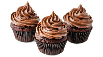 Three chocolate cupcakes with whipped cream frosting