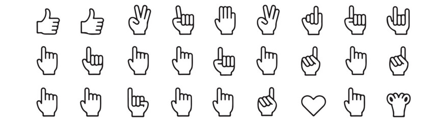 Hand gesture line icon set. Vector pictograms of thumbs up, peace sign, high five, fist bump, rock on, heart shape thin linear illustration for communication, expressions, finger actions. 