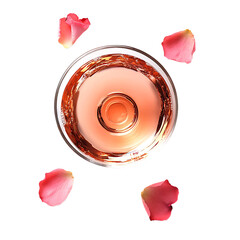 A glass of ros wine surrounded by delicate pink rose petals on a white background