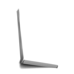 A sleek, modern laptop positioned at an angle, showcasing its thin design and minimalist aesthetic.