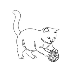 Vector line art of playful cat with yarn ball in minimalist continuous line style
