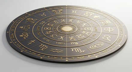 Celestial Zodiac Wheel: A 3D Render of a Dark Gray Circular Astrological Chart with Gold Embellishments