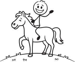 Happy Stick Figure Riding a Horse Simple Line Drawing