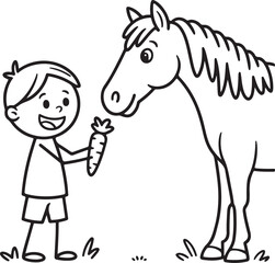 Boy Feeding Carrot to Pony Black and White Illustration