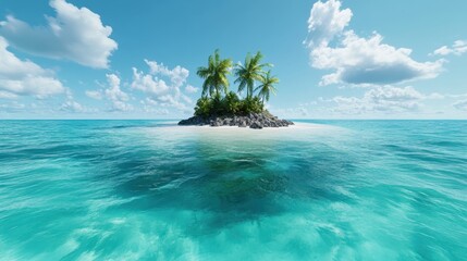 A stunning tropical island paradise featuring lush palm trees and crystal-clear turquoise waters under a bright sunny sky, representing tranquility and natural beauty in nature.