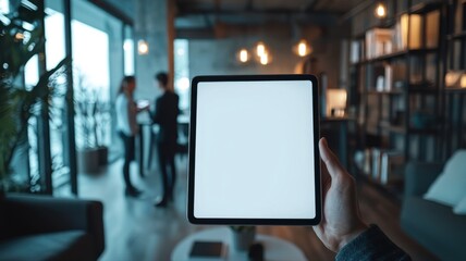 Hand Holding Tablet with Blank Screen in Modern Office Mockup hand holding tablet screen mockup tech