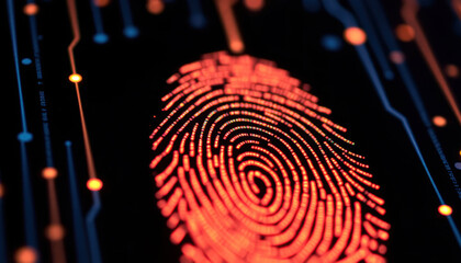 Red Digital Fingerprint on Blurred Circuit Board Background for Cyber Security
