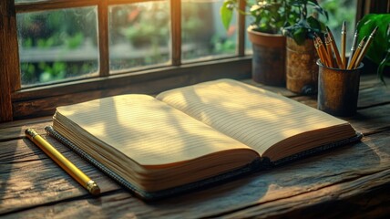 Open Journal and Pencil on Wooden Desk by Window in Sunlight journal pencil desk wooden window diary