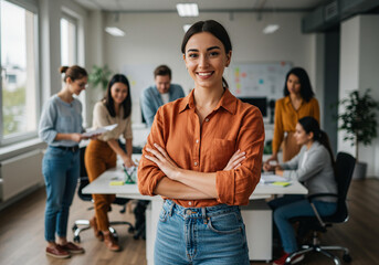 Confident Young Businesswoman Arms Crossed Modern Office Team Background