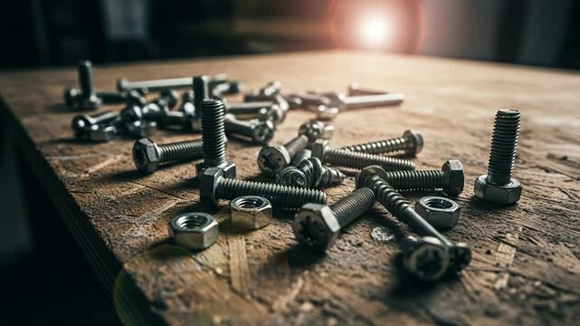 Close-up of Scattered Bolts and Nuts on Wooden Surface