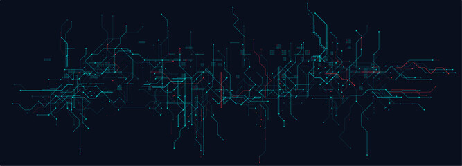Cyber Circuit Lines With Red and Blue Tech Grid on Dark Background. Futuristic digital interface design with complex technology wiring and glowing nodes. Vector Illustration