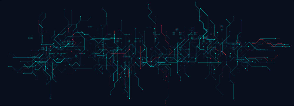 Cyber Circuit Lines With Red and Blue Tech Grid on Dark Background. Futuristic digital interface design with complex technology wiring and glowing nodes. Vector Illustration