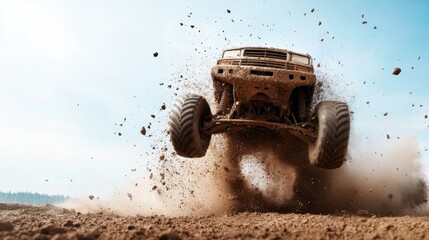The image captures an off-road truck soaring through the air, showcasing the thrilling adventure and excitement of mud racing in a natural outdoor setting.