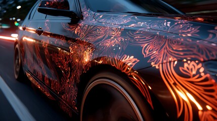 Car with Red Floral Pattern Driving at Night