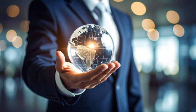 Global Business: A poised professional, impeccably dressed in a tailored suit, cradles a radiant glass globe symbolizing the world. This stunning imagery speaks volumes about global reach. 